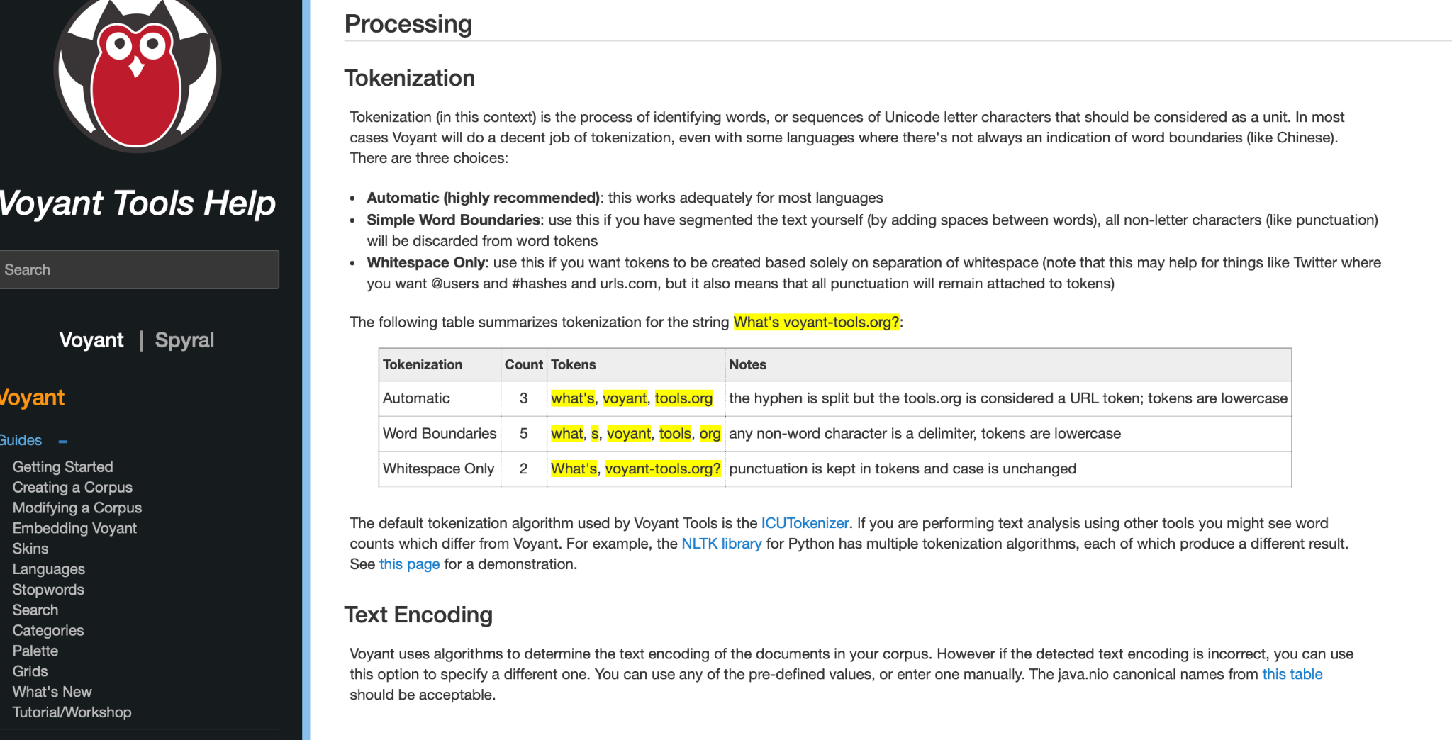 Voyant Tools documentation showing tokenization options and examples