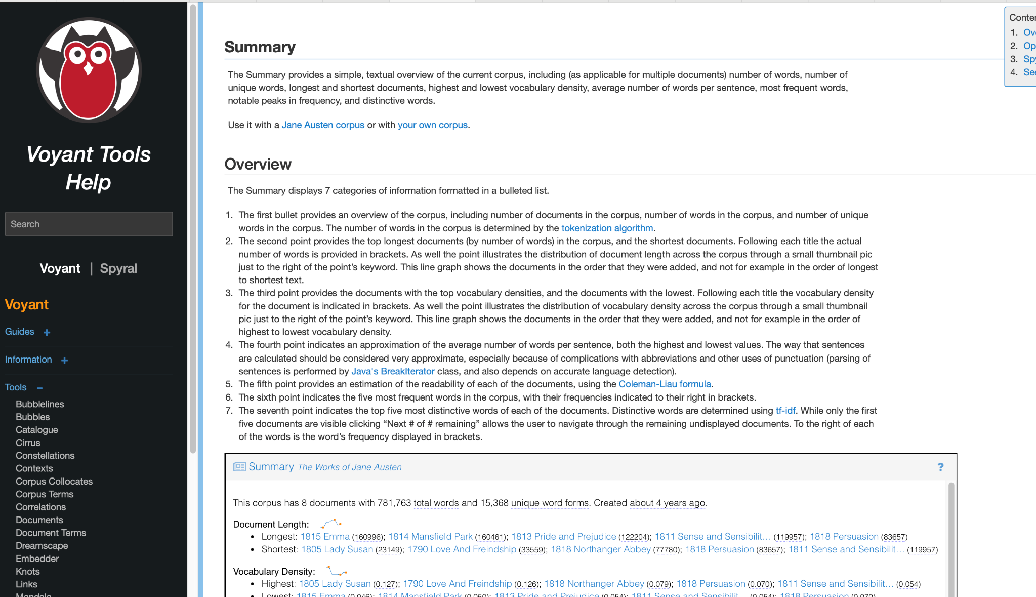 Voyant Tools Summary documentation showing how corpus statistics are described